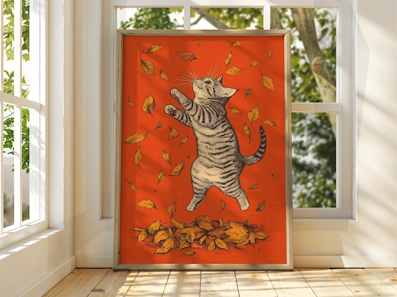 Joyful Tabby Kitten Playing in Falling Autumn Leaves Vintage Poster