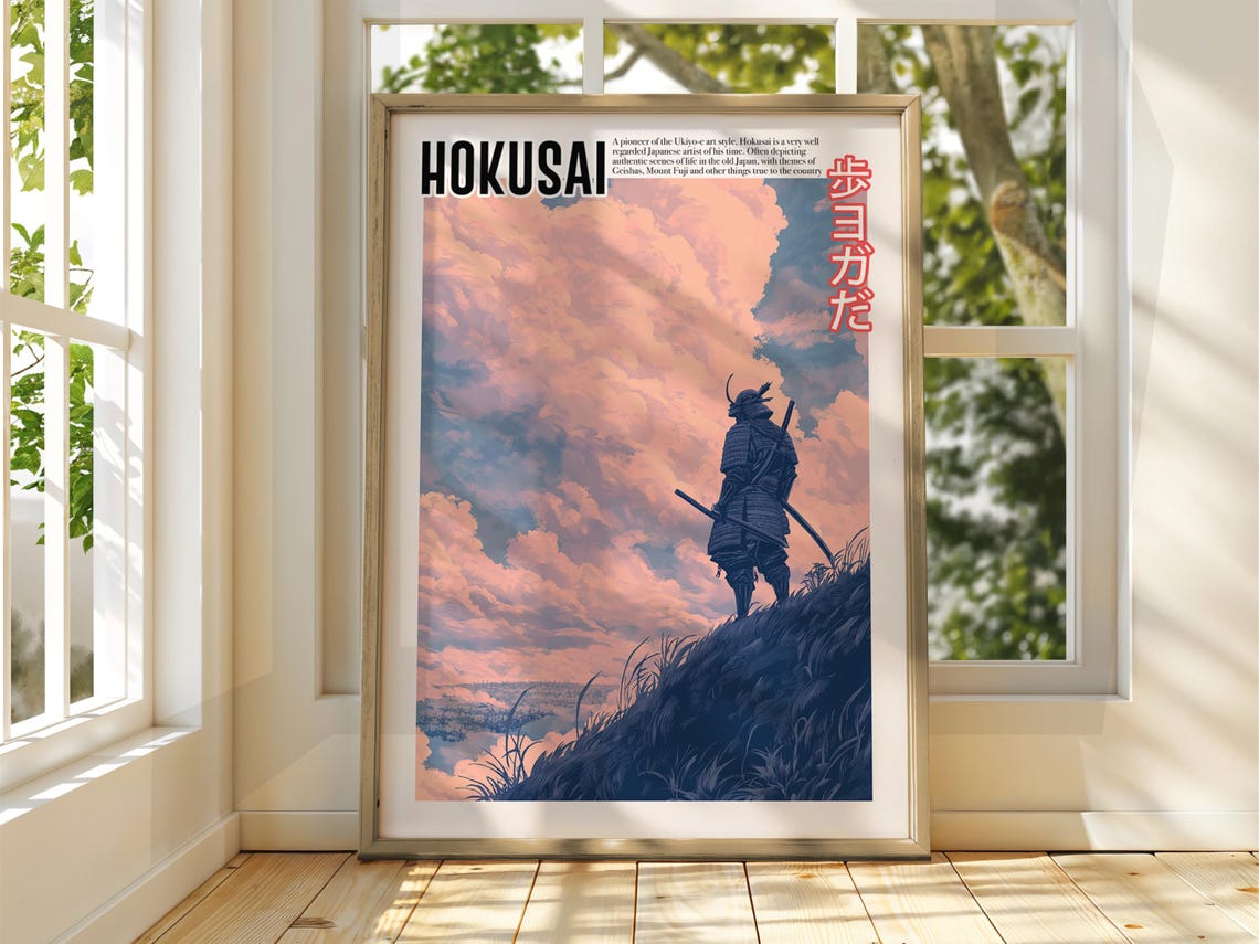 Hokusai Ukiyo-e Lone Samurai Hilltop Above Pink Clouds Sunset Poster