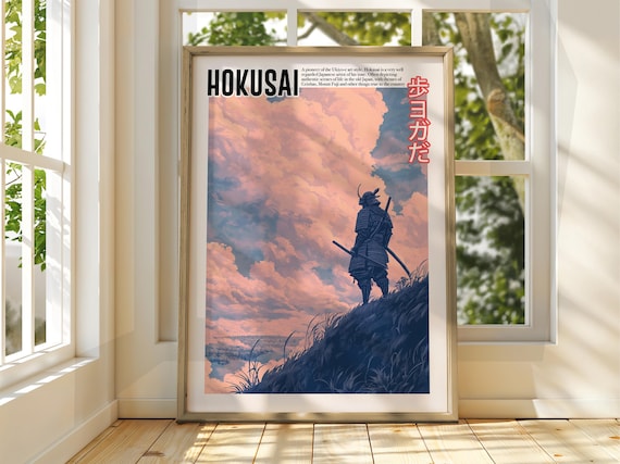 Hokusai Ukiyo-e Lone Samurai Hilltop Above Pink Clouds Sunset Poster