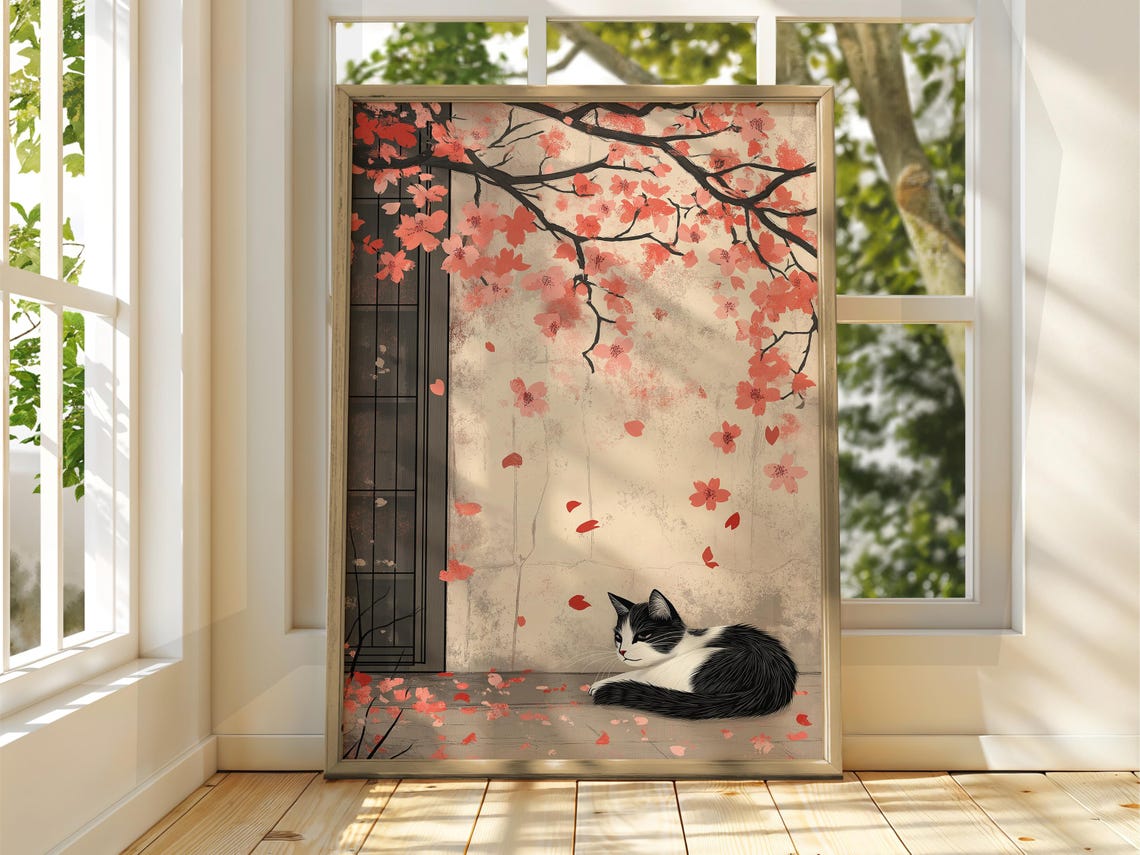 Cat Under Cherry Blossom, Vintage Japanese Poster