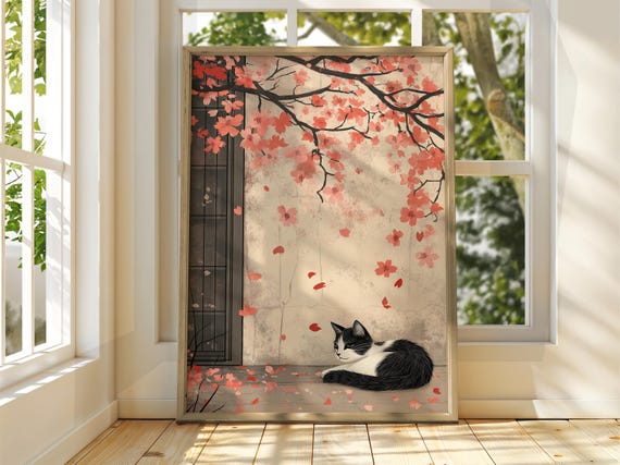 Cat Under Cherry Blossom, Vintage Japanese Poster