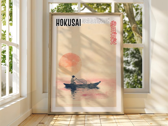 Hokusai Fisherman At Red Sunset Japanese Ukiyo-e Style Poster