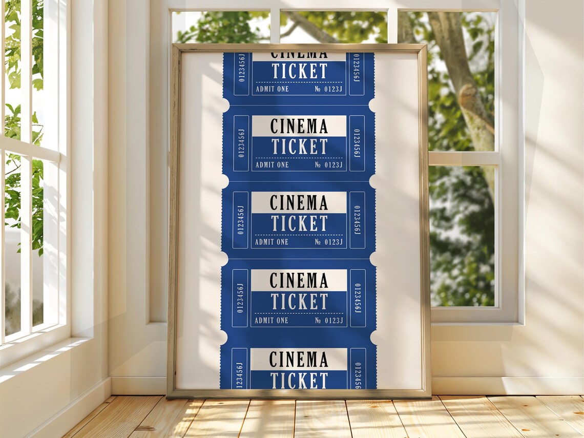 Blue Cinema Tickets Admit One Retro Movie Stub Row Vintage Style Art Poster