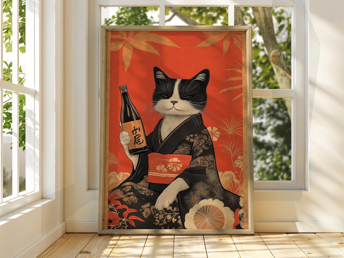 Funny Vintage Japanese Cat in Kimono Holding Sake Bottle Poster