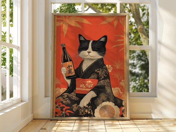 Cat With Soju Art Vintage Japanese Wall Animal Poster Funny Print Ramen