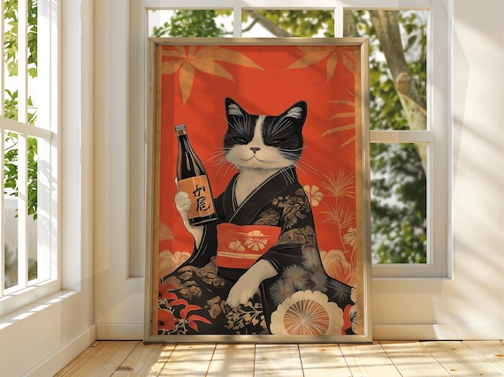 Funny Vintage Japanese Cat in Kimono Holding Sake Bottle Poster