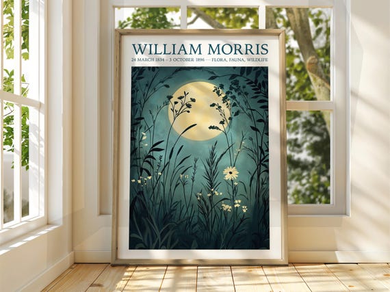 William Morris Style Full Moon Forest Poster, Trees Stars