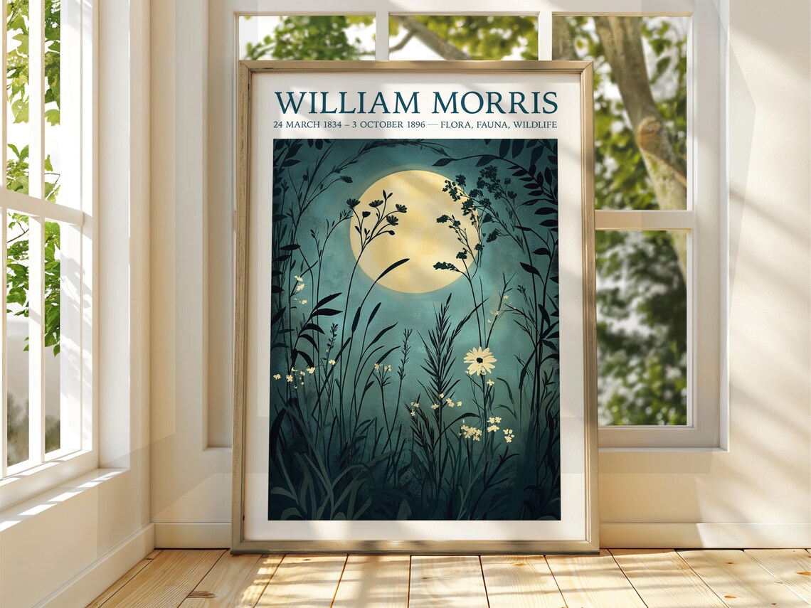 William Morris Style Full Moon Forest Poster, Trees Stars