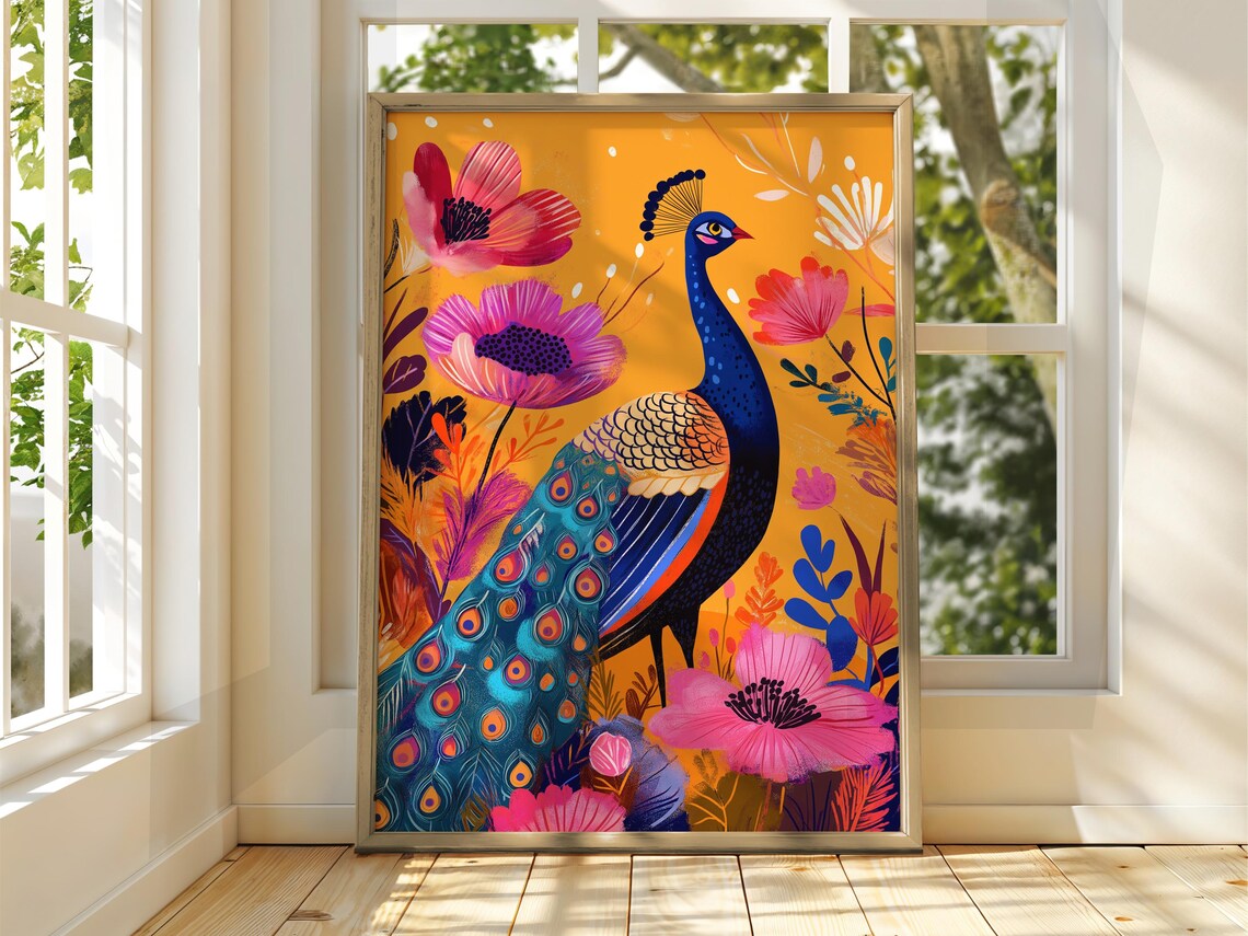 Colorful Peacock Tropical Floral Botanical Bird Illustration Poster