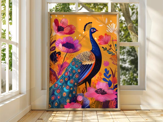 Tropical Peacock Poster Bird Wall Art Animal Illustration Floral Bright Home Decor Print