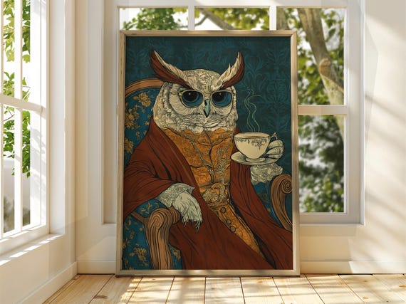 Fancy Owl Poster Drinking Animal Art Illustration Funny Quirky Drinks Whiskey