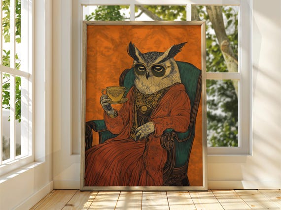 Fancy Owl Poster Drinking Animal Art Illustration Funny Quirky Drinks Whiskey
