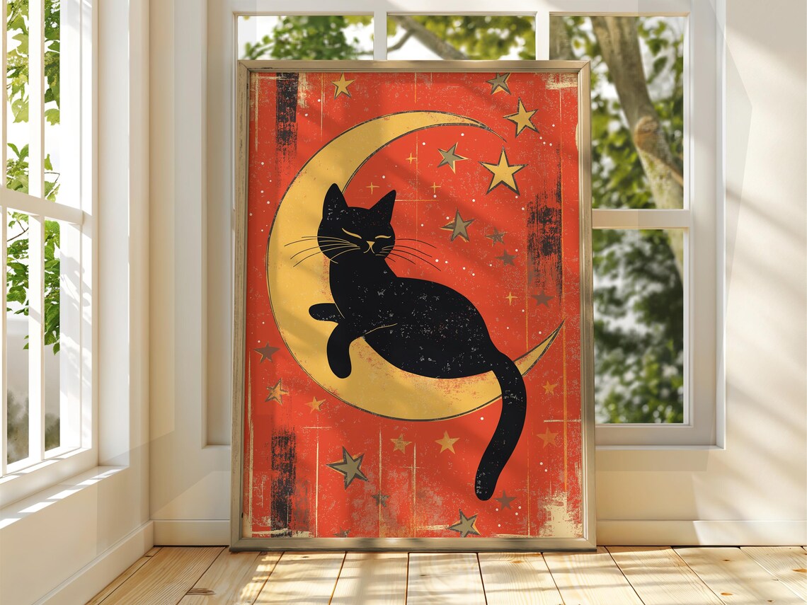 Vintage Japanese Cat And Moon Art Print, Funny Ramen