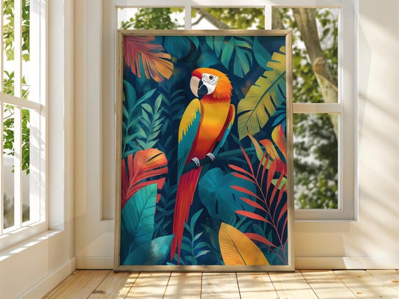 Tropical Parrot Poster Bird Wall Art Animal Illustration Floral Bright Home Decor Print