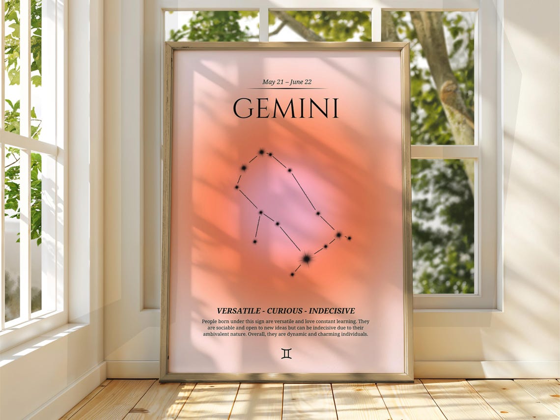 Gemini Zodiac Constellation Coral Gradient Astrology Traits Poster