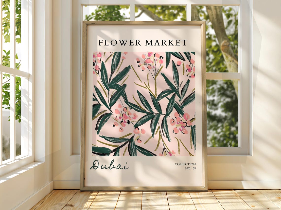 Flower Market Dubai Pink Blossom Green Leaves Botanical Poster
