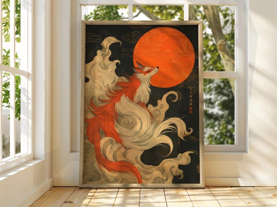 Nine Tailed Kitsune Fox Spirit Red Sun Japanese Ukiyo E Art Poster