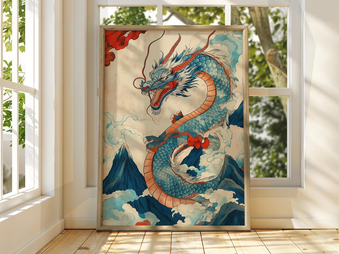 Blue Japanese Dragon Soaring Over Mountain Clouds Ukiyo E Style Poster