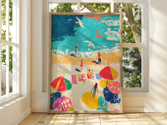 Colorful Impressionist Beach Scene Umbrellas Summer Day Poster