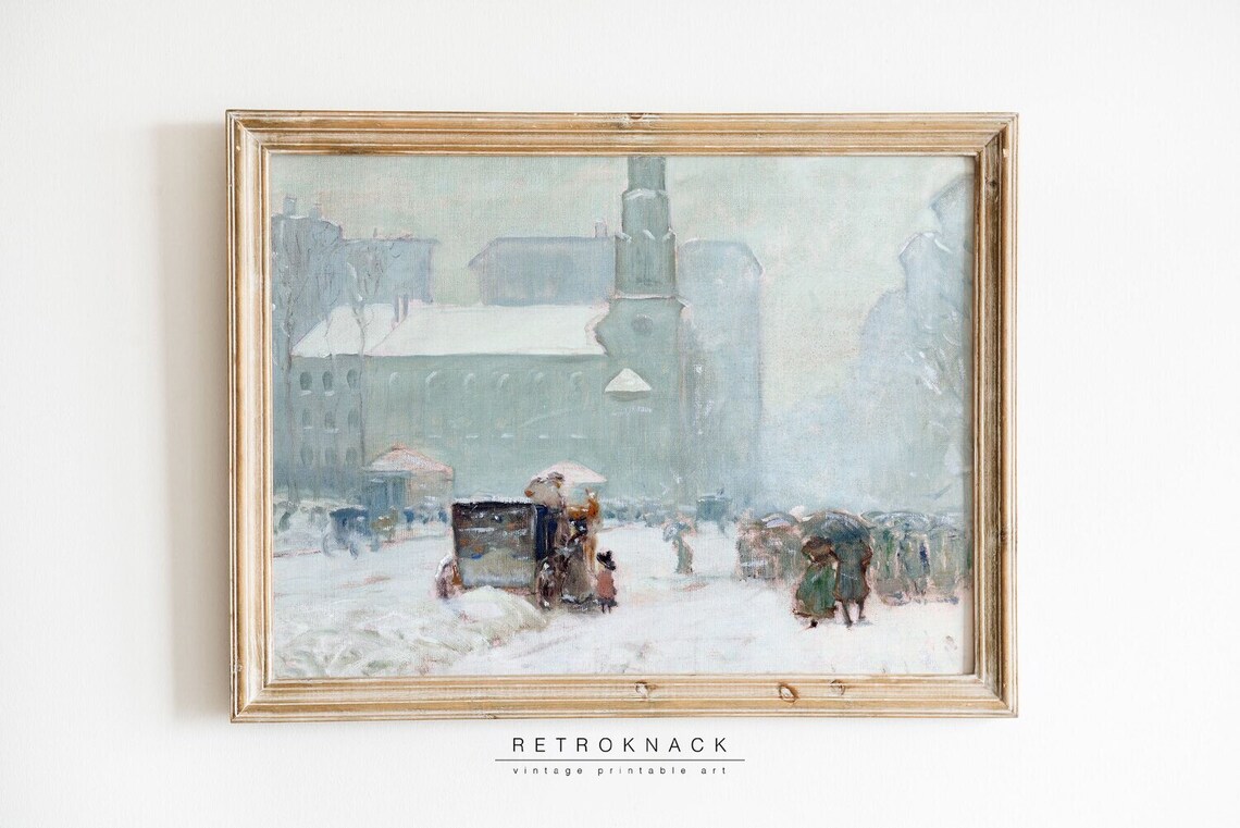 Snowy City Street Church Carriage Vintage Winter Impressionist Poster - Image 2