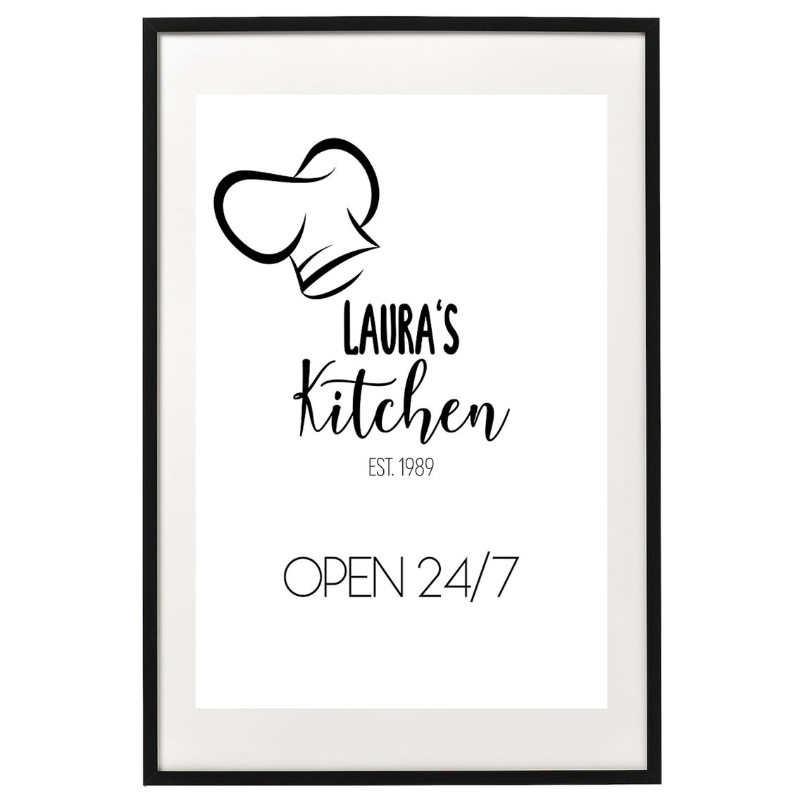 Personalized Laura's Kitchen Est 1989 Open 24-7 Chef Hat Poster - Image 2