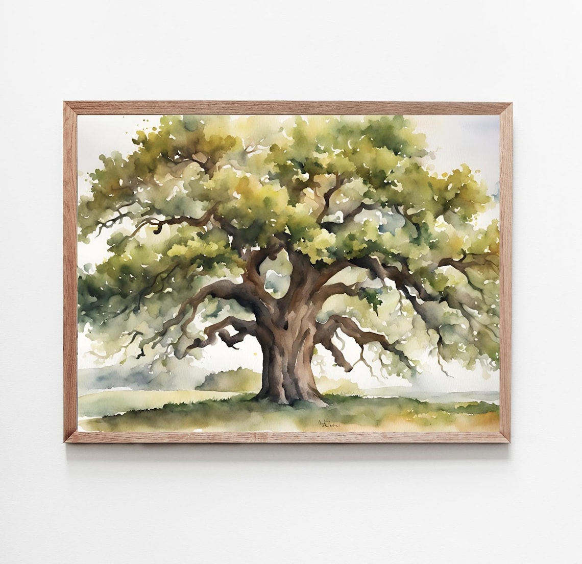 Oak Tree Watercolor Landscape, Rustic Art Print