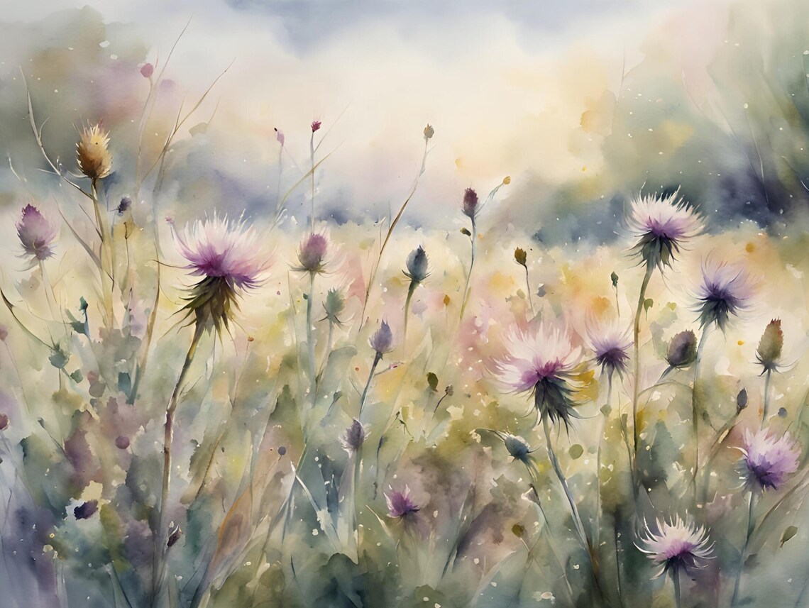Thistle Flower Field Watercolor Art Print, Spring Meadow