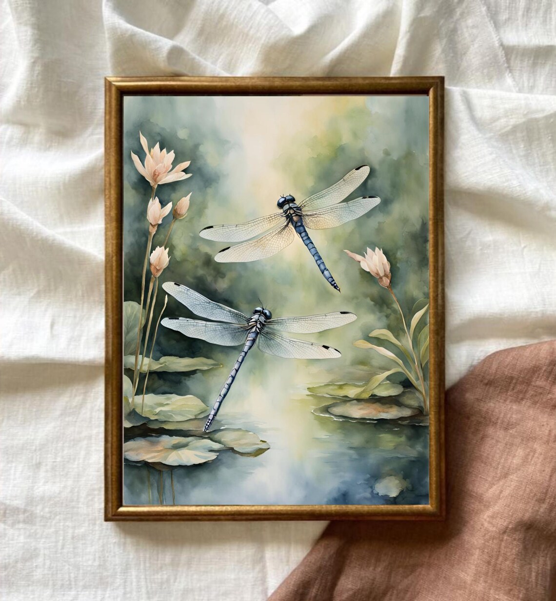 Dragonfly Painting Water Lily Pond Watercolor Art Print