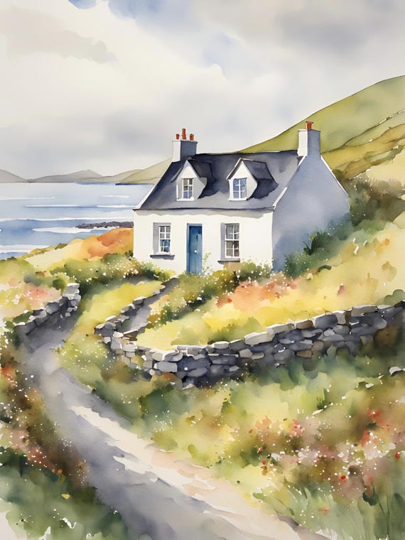 Connemara Coastal Cottage Watercolor Print, Irish Landscape