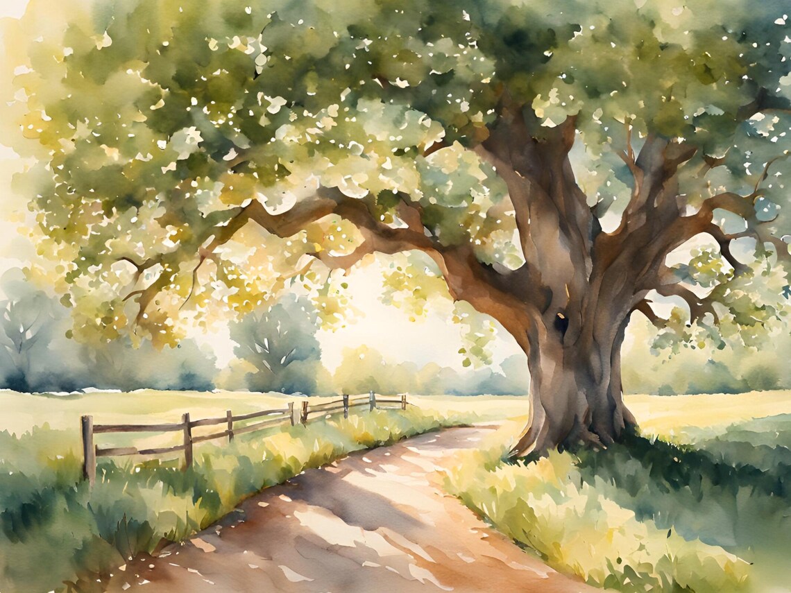 Oak Tree Field Road Watercolor Landscape Art Print