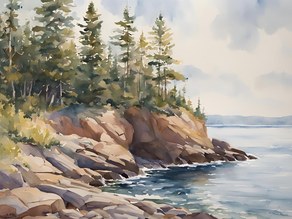 Lake Superior Watercolor Print, Great Lakes Landscape