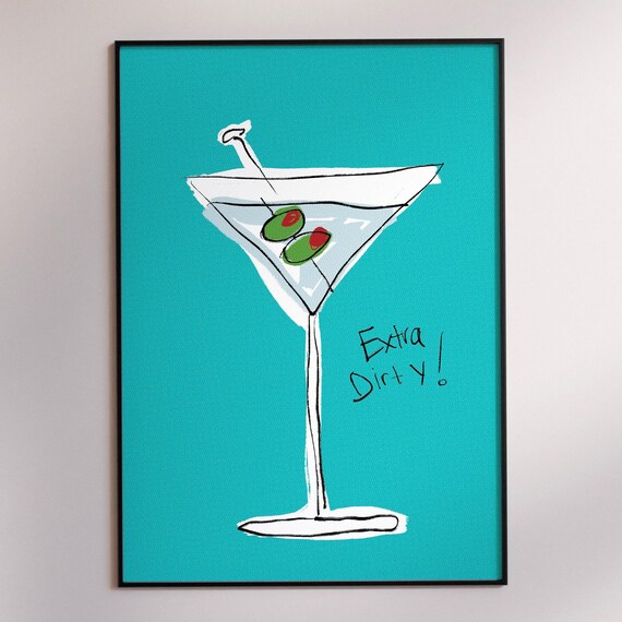 Extra Dirty Martini Glass Teal Retro Cocktail Bar Cart Poster