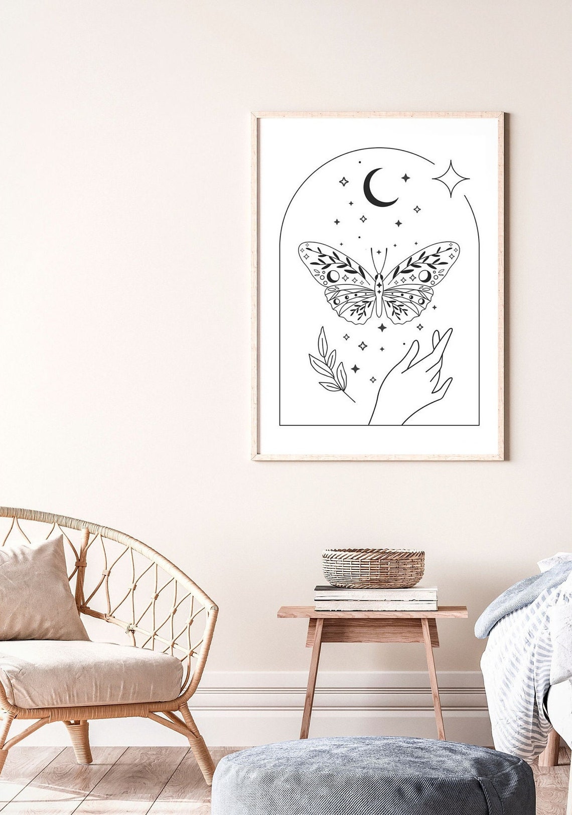 Celestial Butterfly Moon Stars Minimalist Black Line Art Poster - Image 3