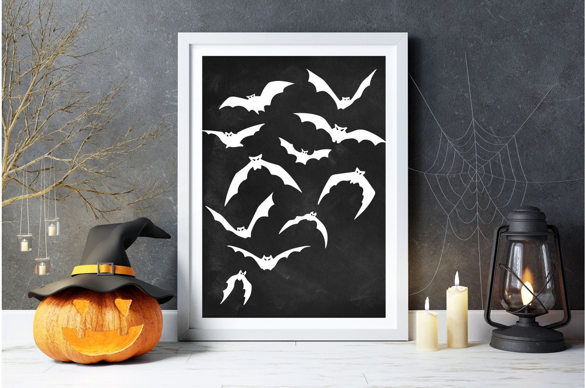 White Bats Chalkboard Black Halloween Silhouette Wall Decor Poster - Image 3