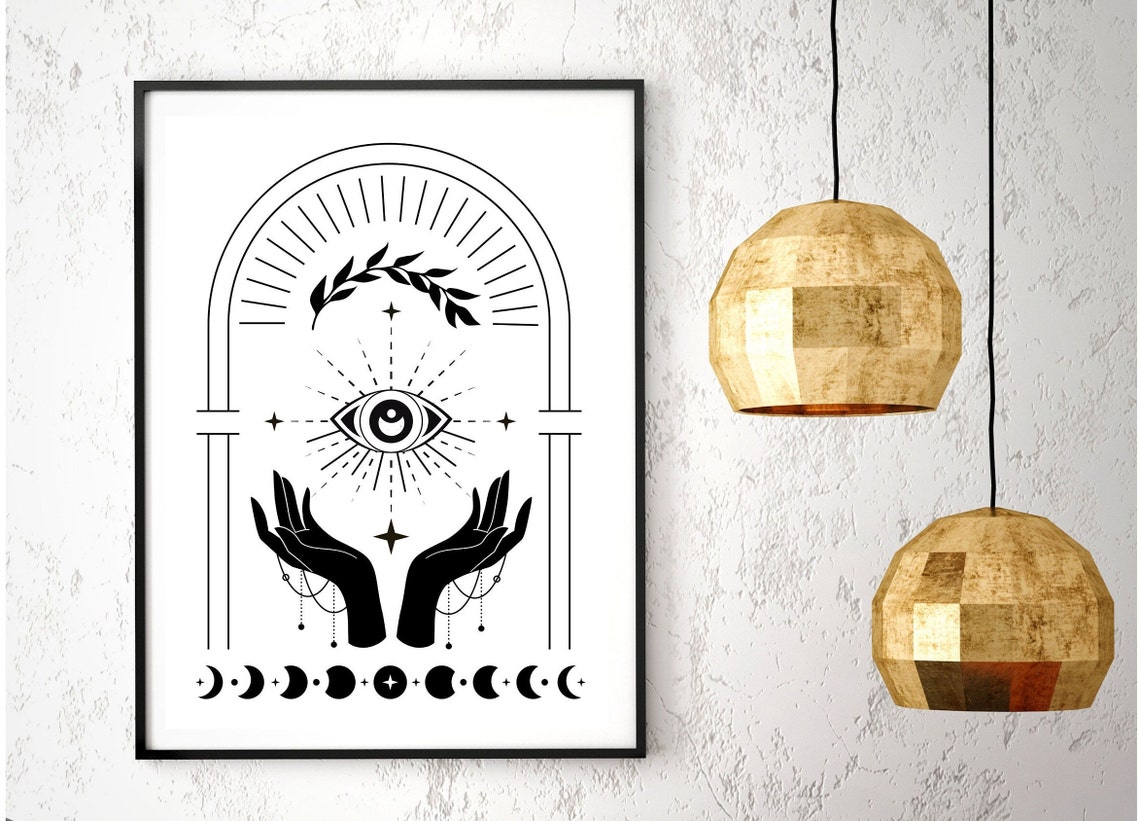 Boho Mystical All Seeing Eye Hands Moon Phases Line Art Poster - Image 3