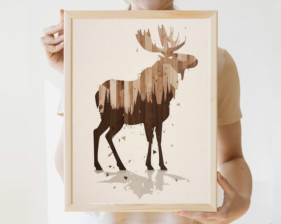 Falling Snow Moose Art Print Rustic Wall Art Lake House Decor Minnesota Gift Vintage Cabin Art Wood Art Moose Cabin Decor
