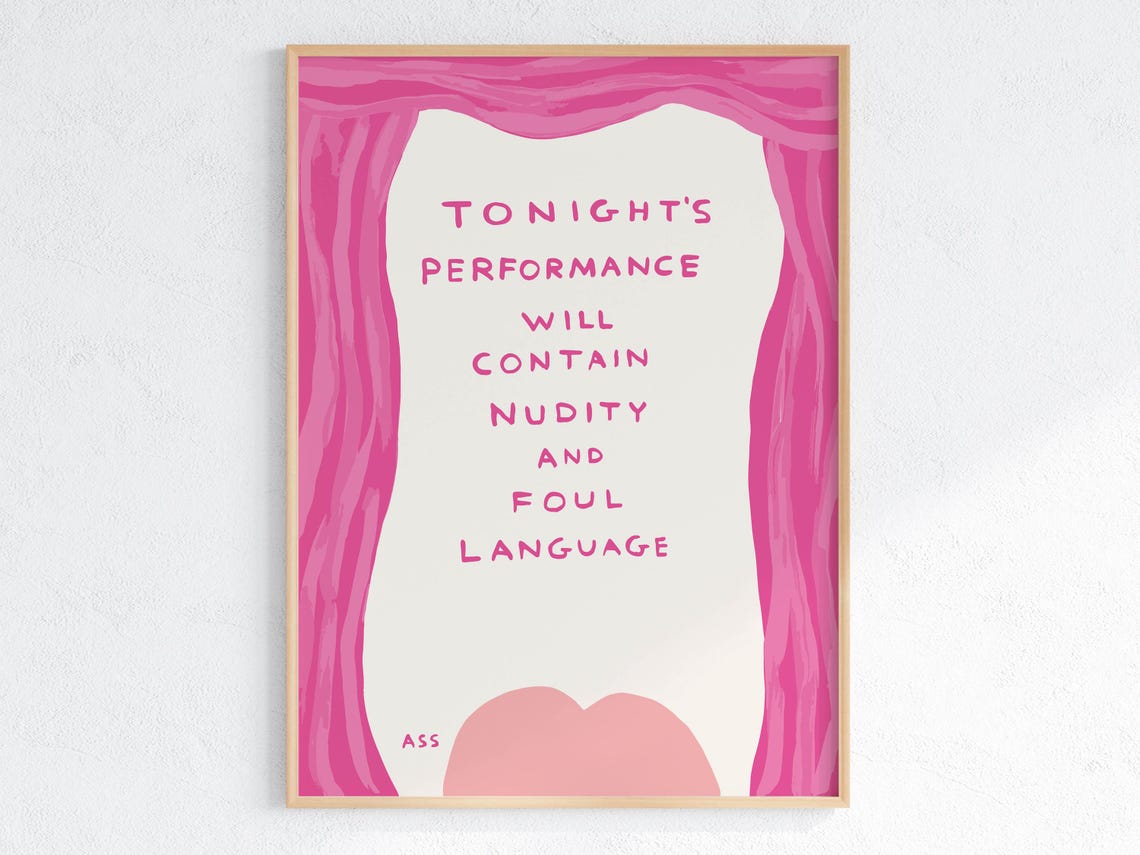 Theatre Performance Nudity Warning Pink Curtain Funny Poster