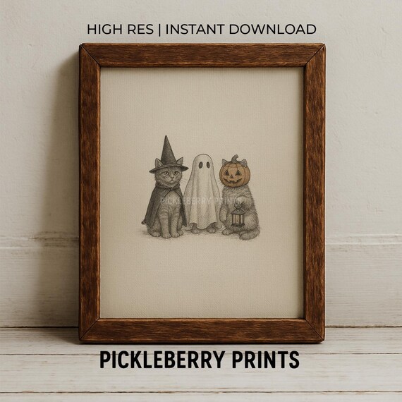 Vintage Halloween Cat Print Cute Witch Pumpkin Sketch Fall Wall Art Rustic Farmhouse Kitchen Nursery Decor