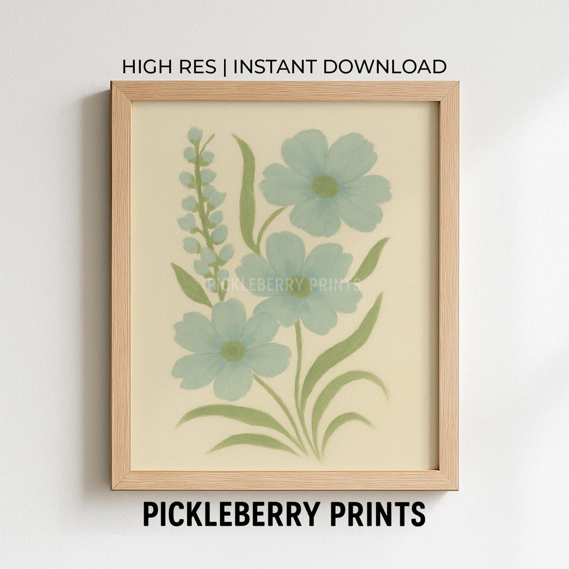 Blue Green Floral Botanical Print Grandmillennial Wall Decor Modern Southern Art