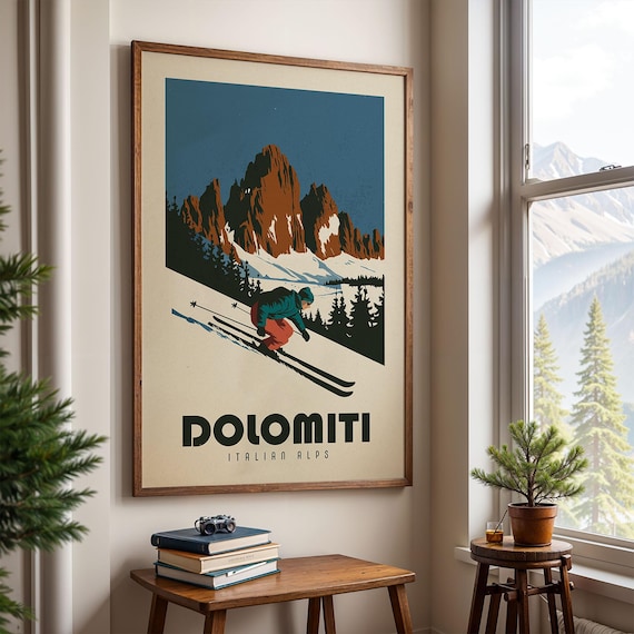 Dolomites Italy Ski Poster, Retro Vintage Alpine Decor
