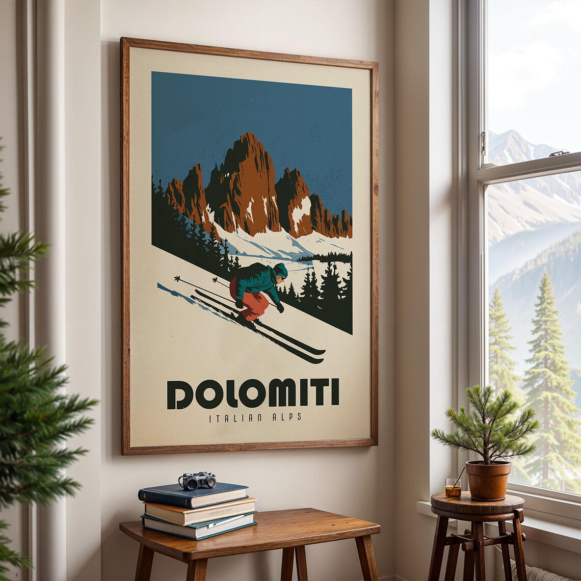 Dolomites Italy Ski Poster, Retro Vintage Alpine Decor