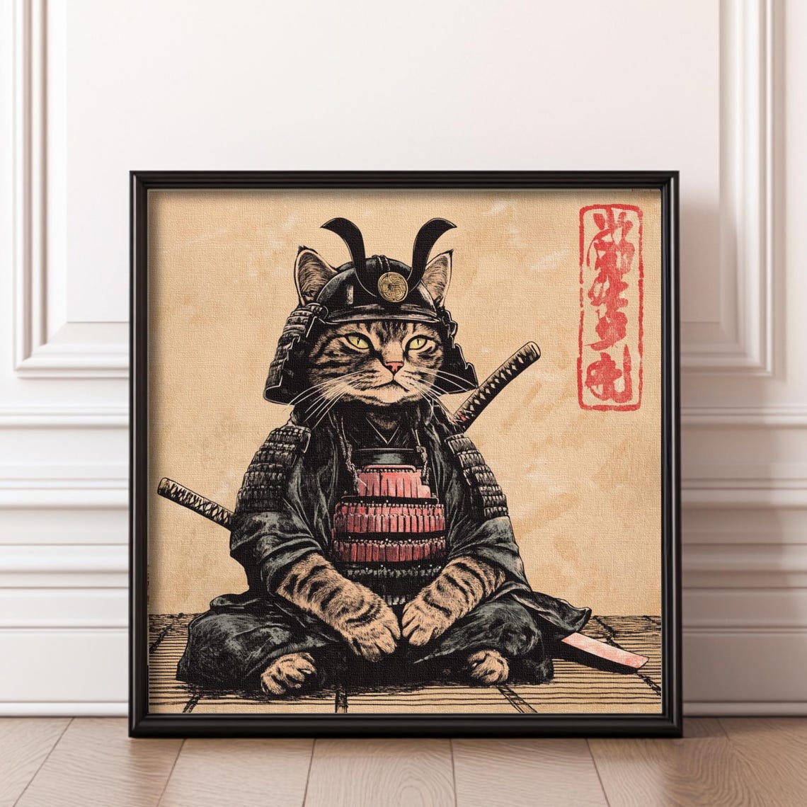 Tabby Samurai Cat Warrior Armor Vintage Japanese Funny Cat Poster