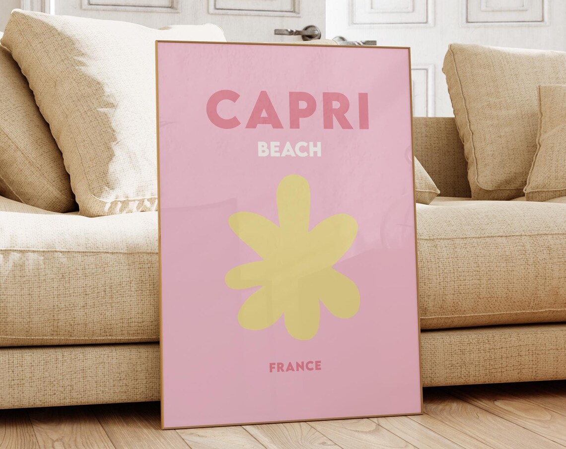 Capri Beach France Pink with Yellow Flower Minimalist Travel Poster