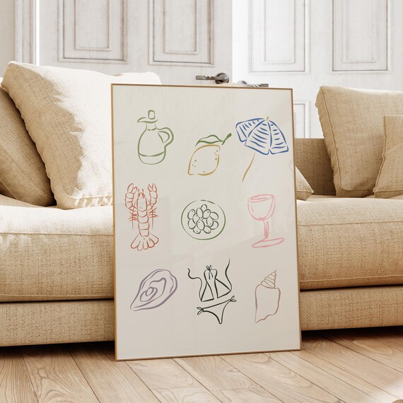 Beach Print Poster Cute Coastal Trendy Wall Art Abstract Shell Doodle Print Mediterranean European Summer Aesthetic Print Poster