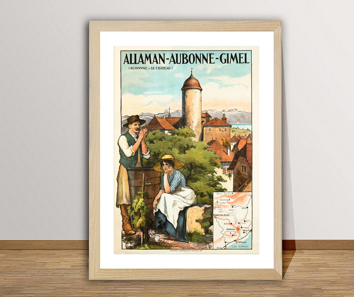 Allaman Aubonne Gimel Castle Lake Geneva Swiss Vintage Travel Poster - Image 3
