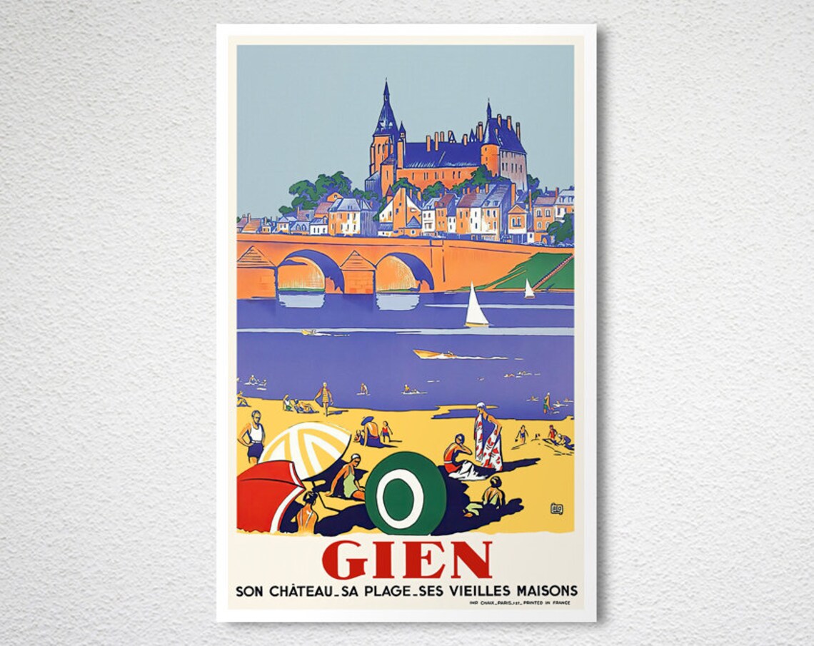 Gien Vintage French Travel Poster Chateau Bridge Beach and Old Houses - Image 2