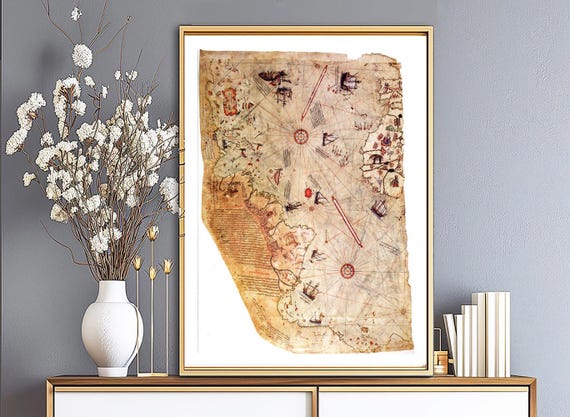 Piri Reis World Map 1513, Vintage Antique Map Print