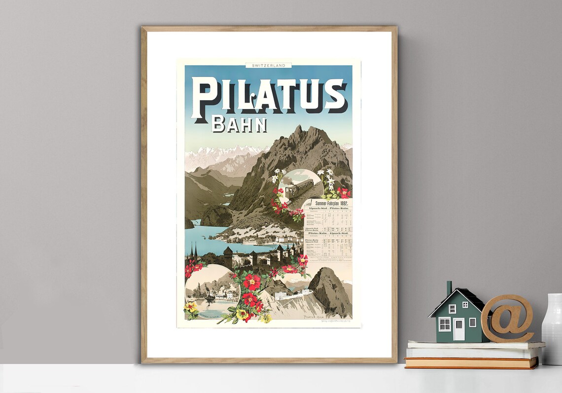 Pilatus Bahn Switzerland Mountain Railway Lake Timetable Poster