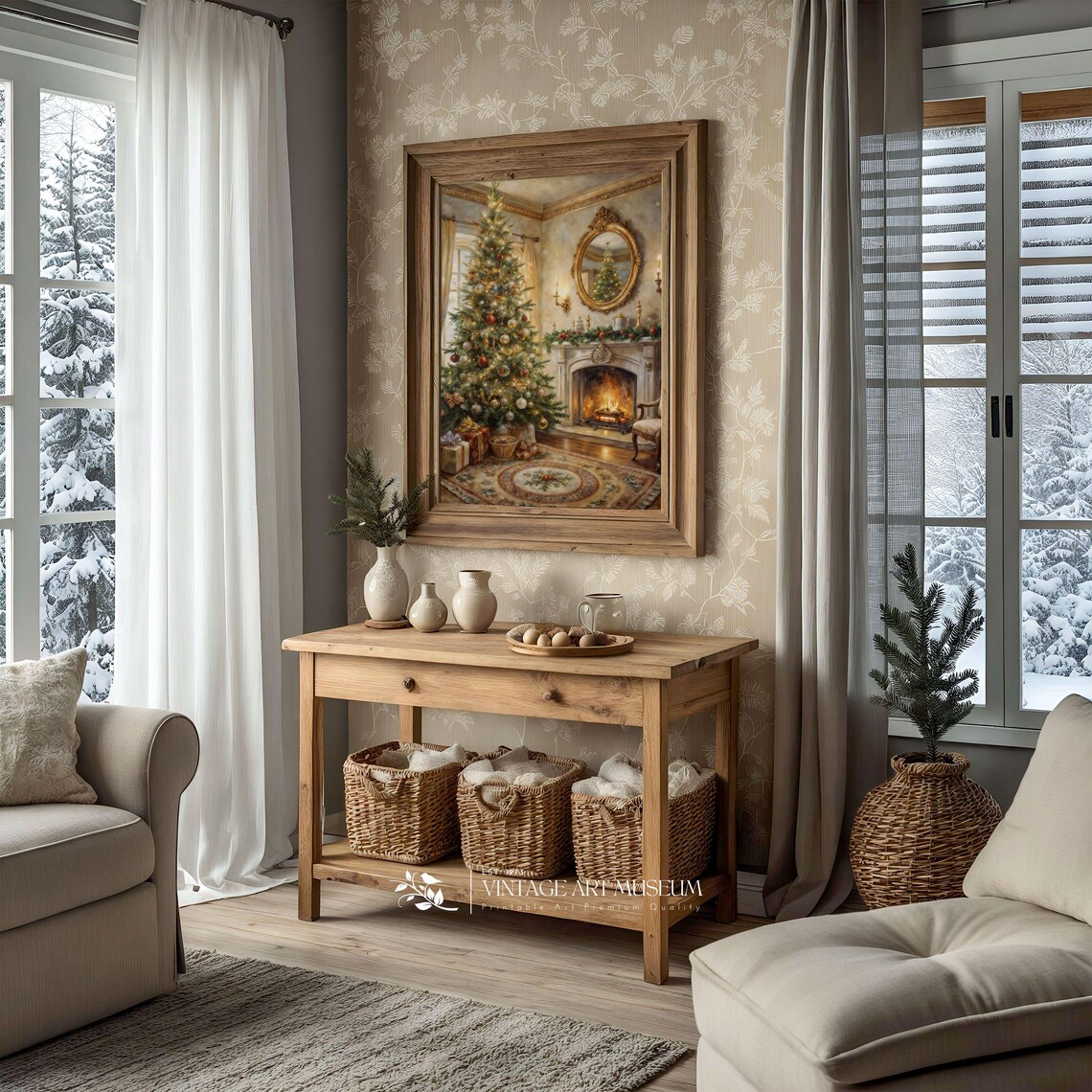 Vintage Christmas Painting Art Print, Neutral Holiday Decor - Image 2