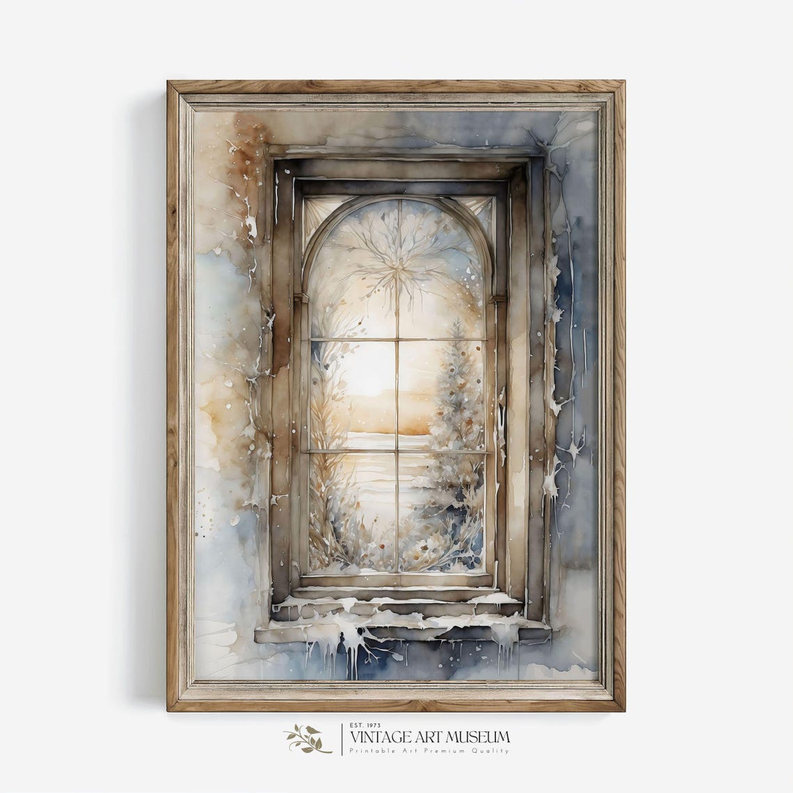Frosty Arched Window Looking Out on a Snowy Winter Landscape Poster